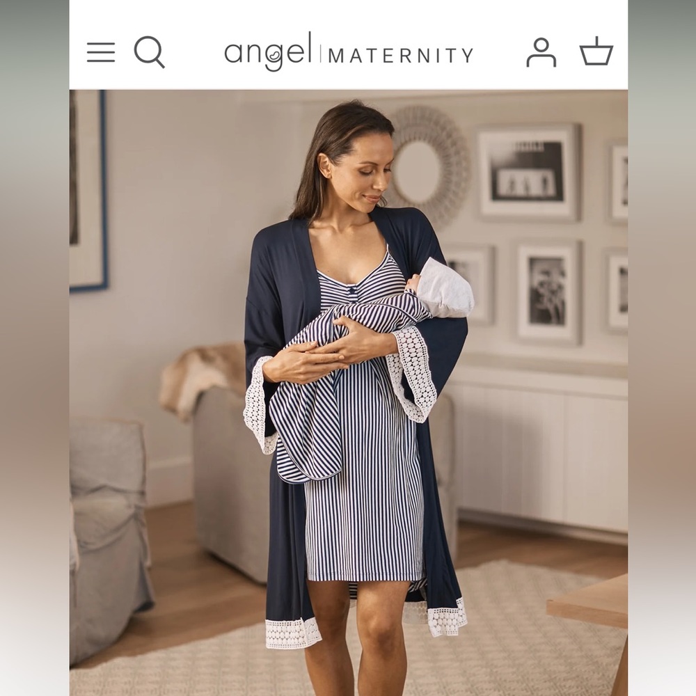 Angel Maternity Navy Blue Robe with White Lace Trim and swaddle blanket
